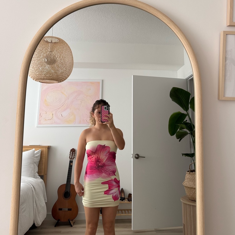 Windsor Strapless Dress with Pink Floral Design